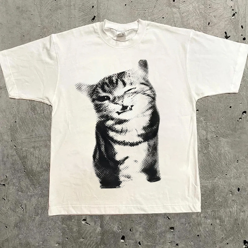 Winking Cat Cute Mens Y2K Graphic T Shirt Streetwear Cotton Tee S-3XL
