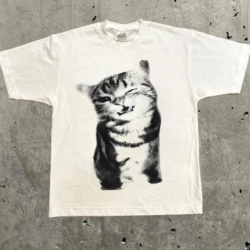 Winking Cat Cute Mens Y2K Graphic T Shirt Streetwear Cotton Tee S-3XL